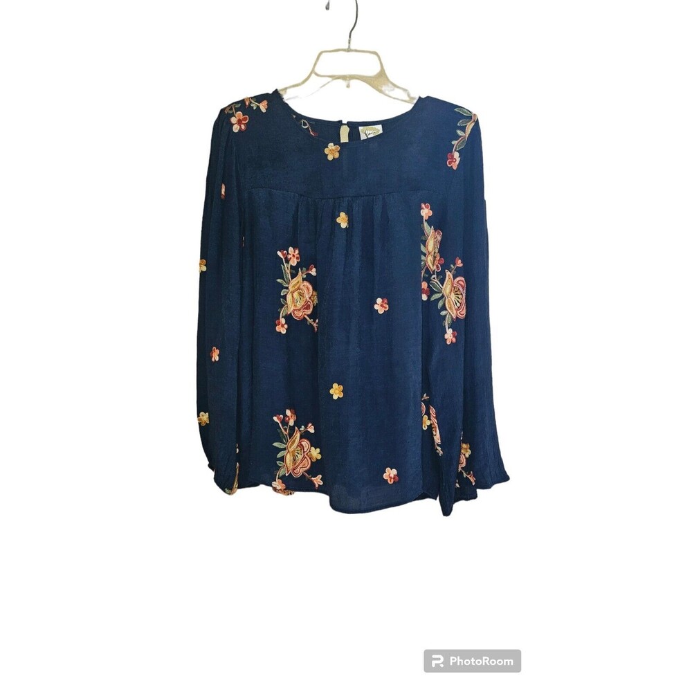 Fig and Flower Chic Blouse Top Shirt Blue with Flowers Rayon Blend Plus Size 1X